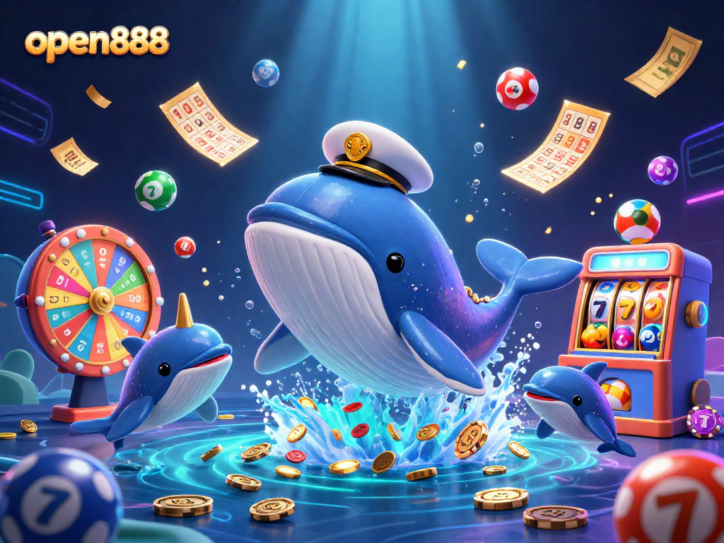 Spin to win with open888 as a whale breaching in coins, featuring interactive colorful gaming elements.