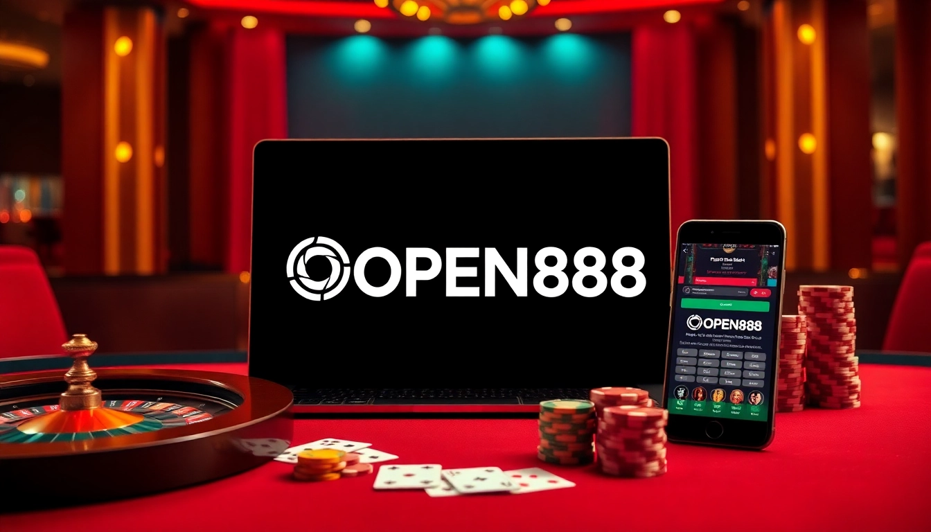 Exciting online gaming atmosphere featuring OPEN88 logo with poker chips and a roulette wheel.