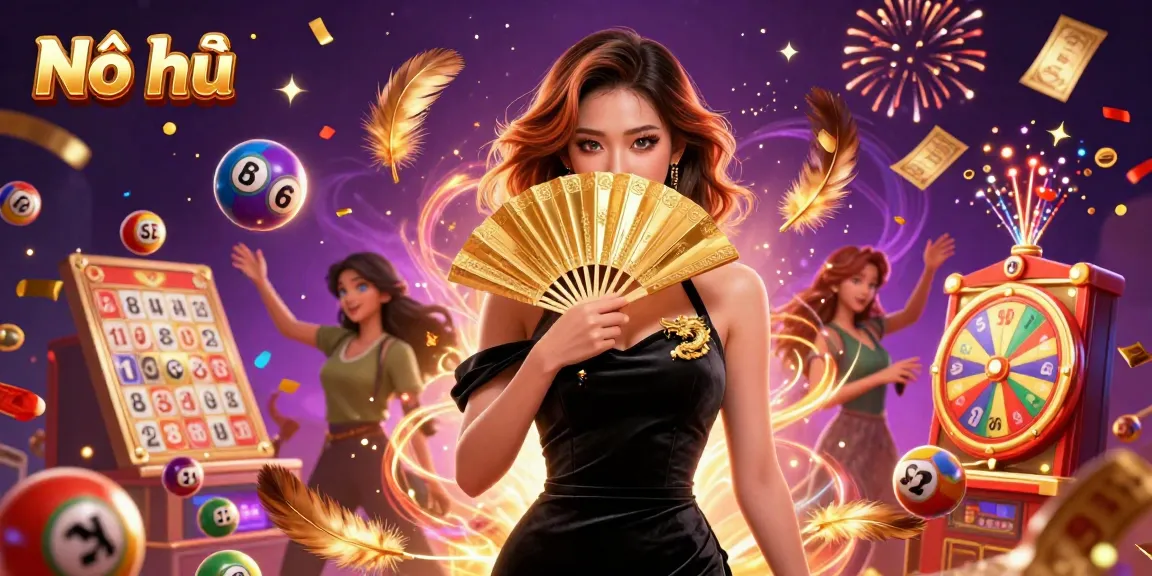 Nổ hũ jackpot celebration showcasing an Asian woman in a velvet dress with dynamic lottery elements amid a festive background.