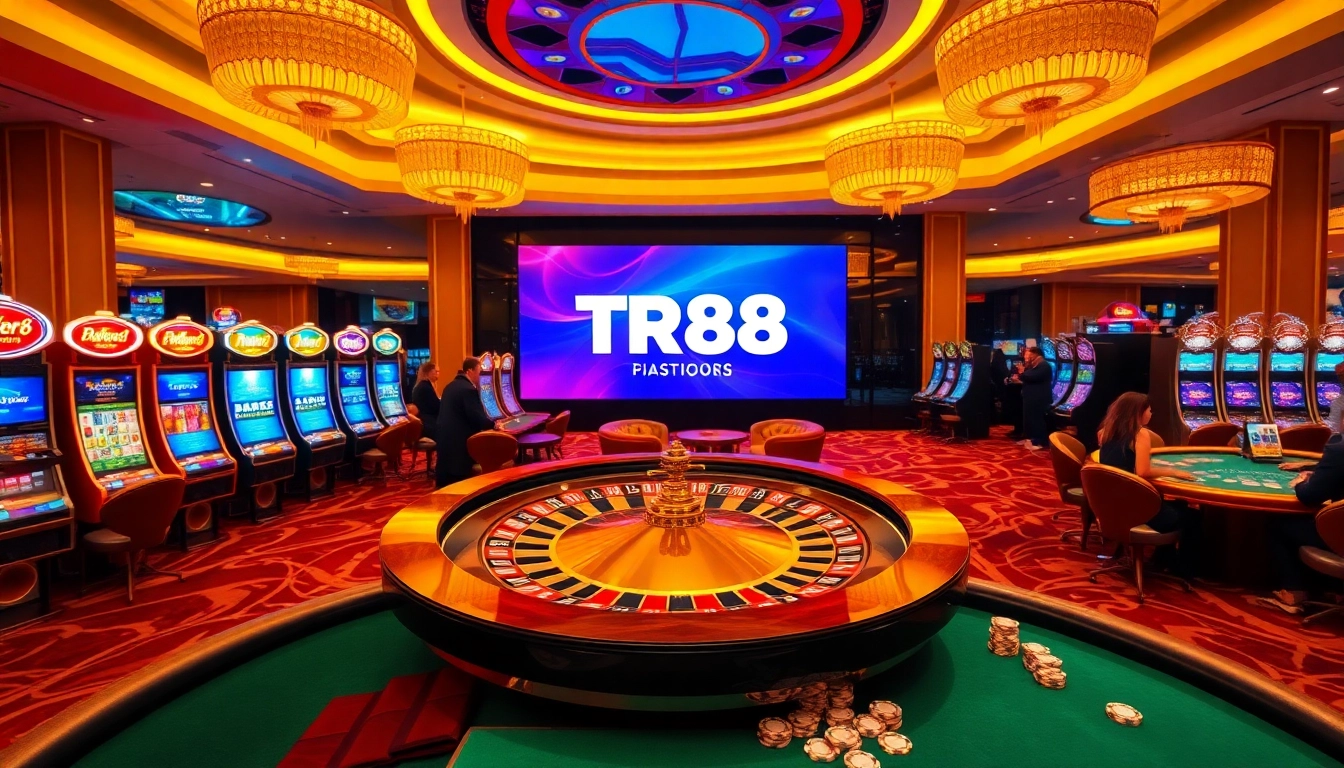 Experience thrilling gaming at TR88: vibrant casino scene with roulette and slot machines.