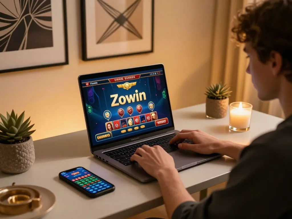 Zowin online gaming session highlighting strategic casino gameplay on a stylish laptop with cozy home ambiance.