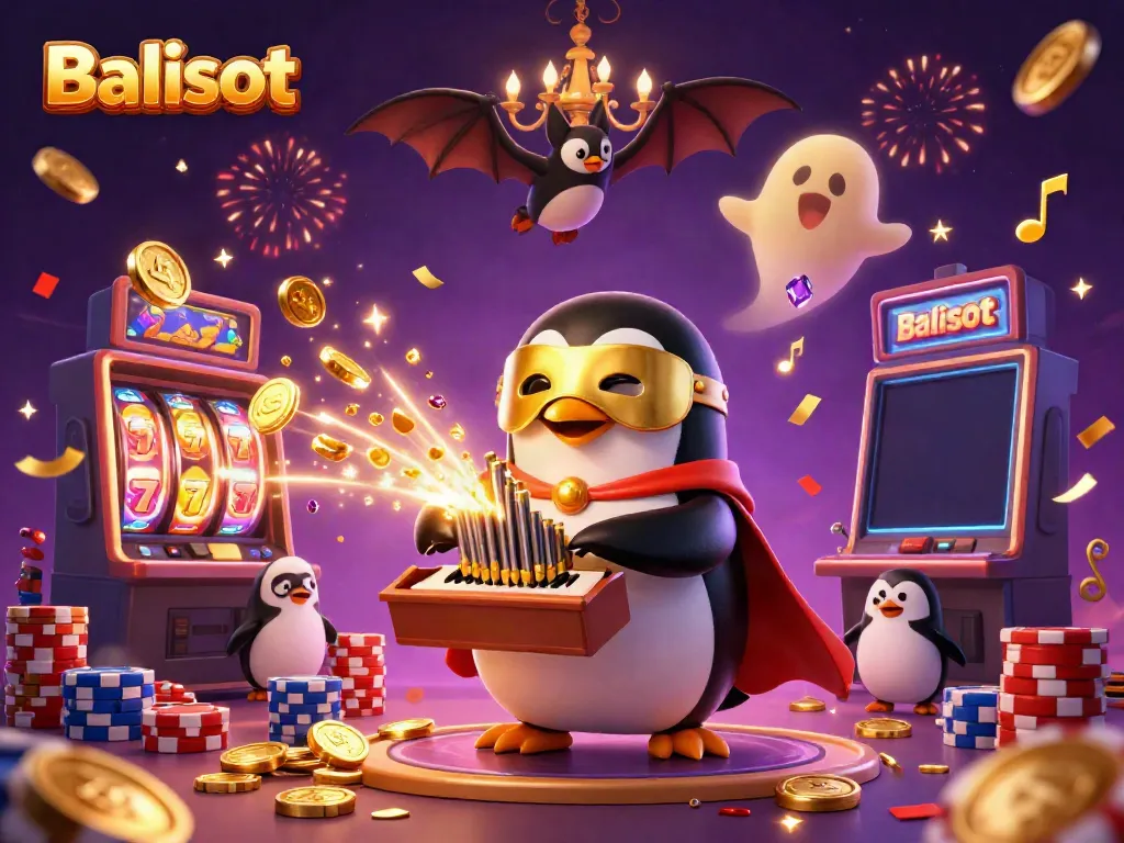 Engage in Balislot gameplay with a dynamic scene of a penguin and bat surrounded by sparkling jackpots and coins.
