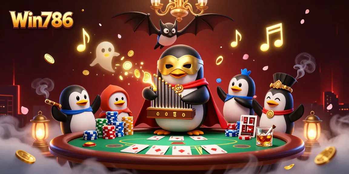 Win786 captures the excitement of gaming with a penguin organist and poker elements in a vibrant 3D scene.