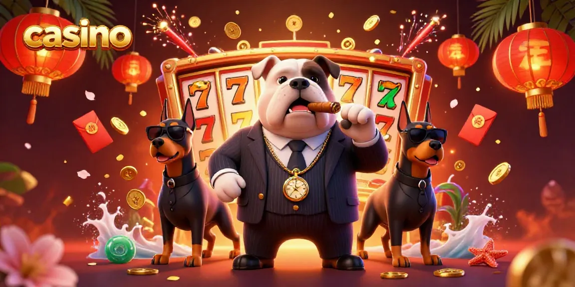 Dynamic casino scene featuring a mafia bulldog and two Doberman bodyguards with slot reels and gold coins.