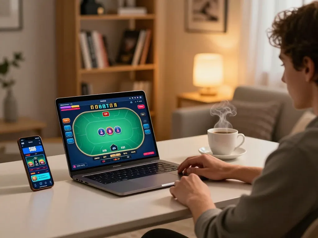 Engaging in online gambling with 566 app on laptop, showcasing strategic play in a cozy home setting