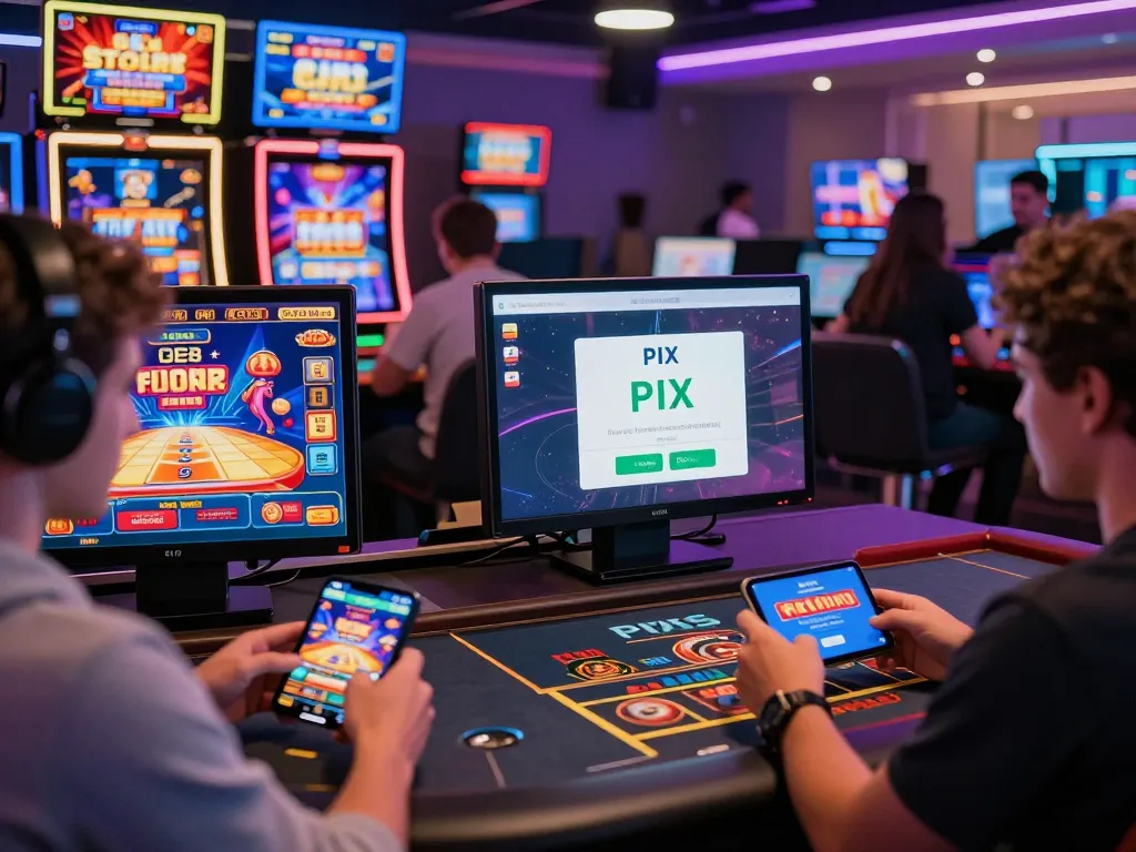 Dynamic online gaming scene with players enjoying QE8 casino games and seamless PIX transactions