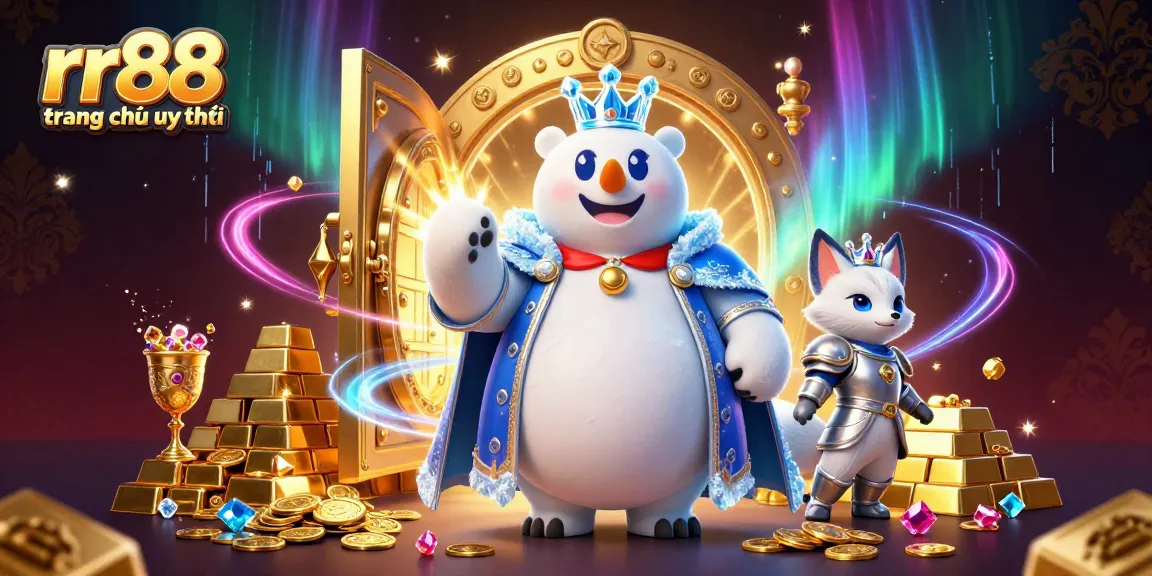 Engage with rr88 trang chủ uy tín, showcasing an exciting casino atmosphere with a magical polar bear and unwavering fox amid golden treasures.