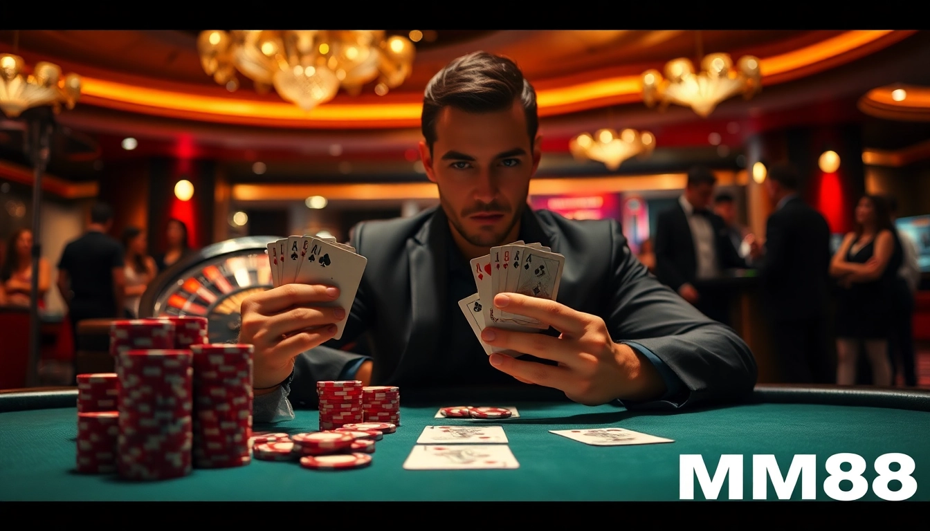 Engaging poker player showcasing skills at MM88 casino table with vibrant colors and ambiance.