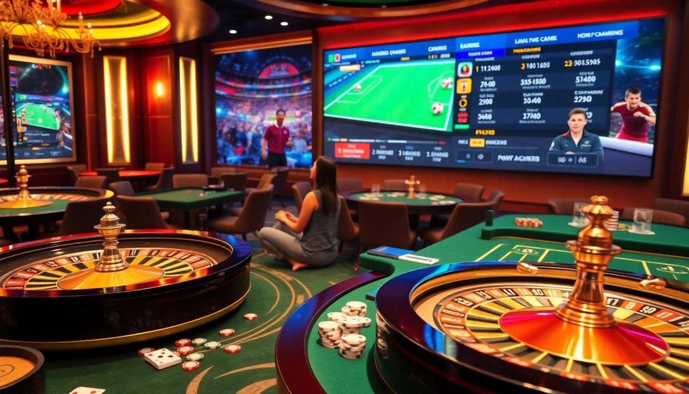 The engaging gambling environment at https://luongsontv5.com/ showcases roulette wheels, poker chips, and vibrant casino tables.