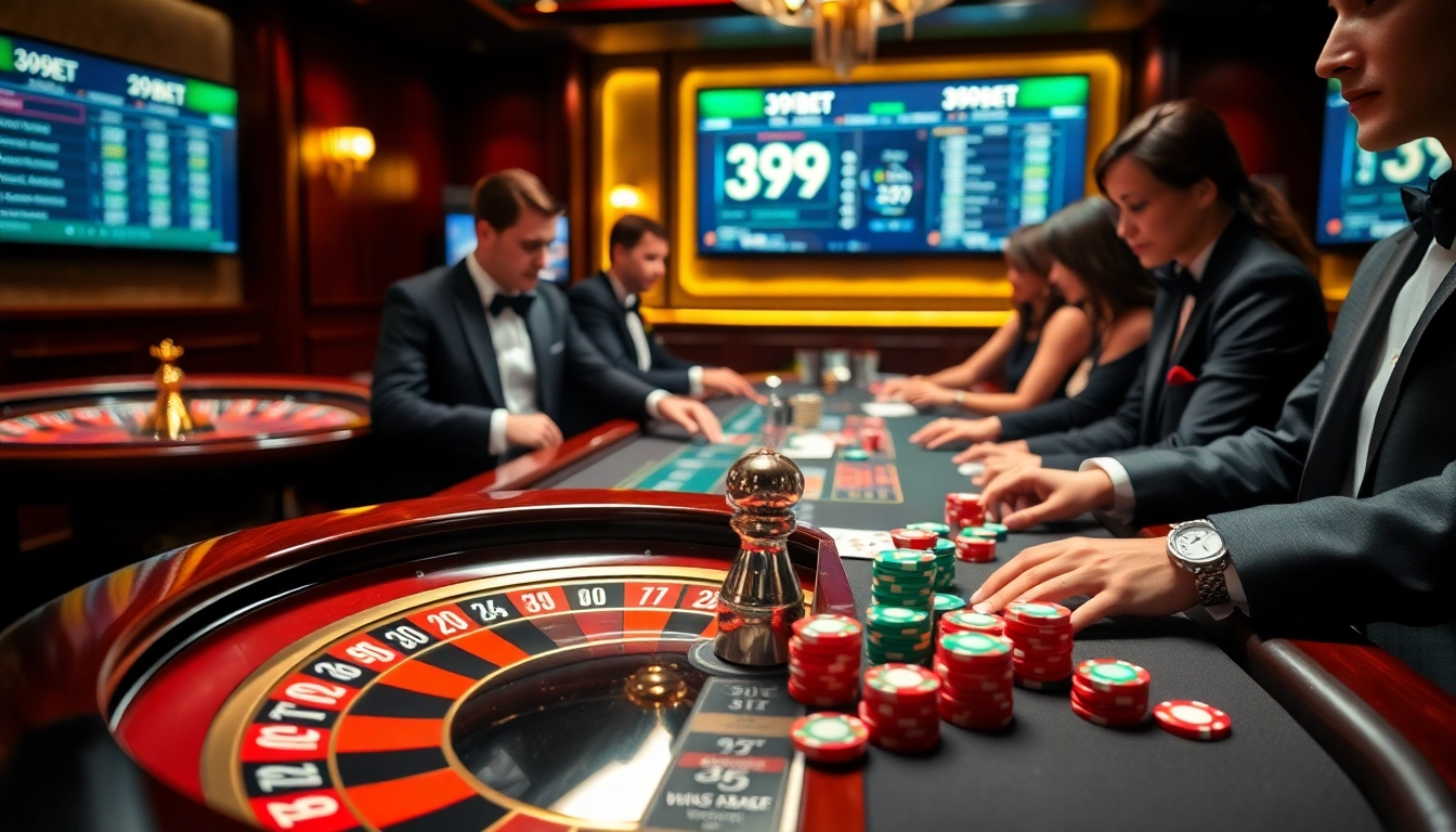 Players engaging at the roulette table in a vibrant casino setting at 39BET.