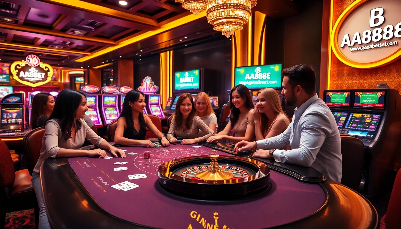 Players enjoy a thrilling Blackjack game at a luxurious table, highlighting https://aa888bet.us/ casino experience.