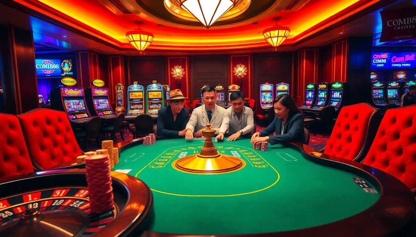 Players enjoying an exhilarating poker game at a luxurious casino cm88, surrounded by colorful chips and glowing slot machines.