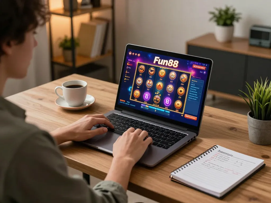 Engaging Fun88 online gaming session with a player analyzing slot games and strategies at home.