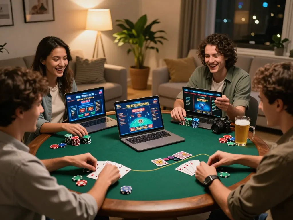 Engaged friends enjoying an online poker game together with colorful chips and laughter at https://s8inc.com/.
