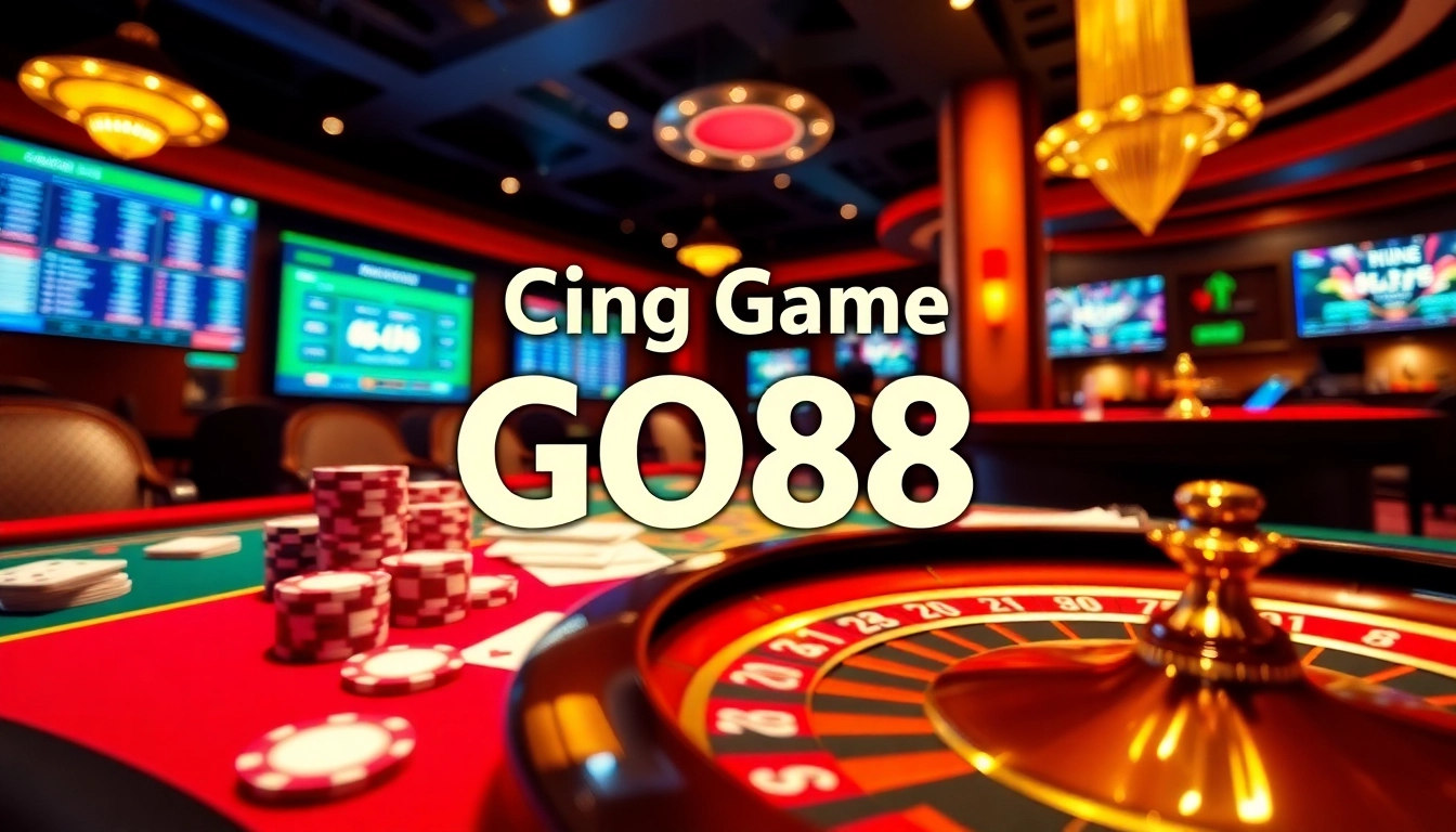 An engaging scene depicting the Cổng Game GO88 with vibrant poker chips, cards, and a roulette wheel.