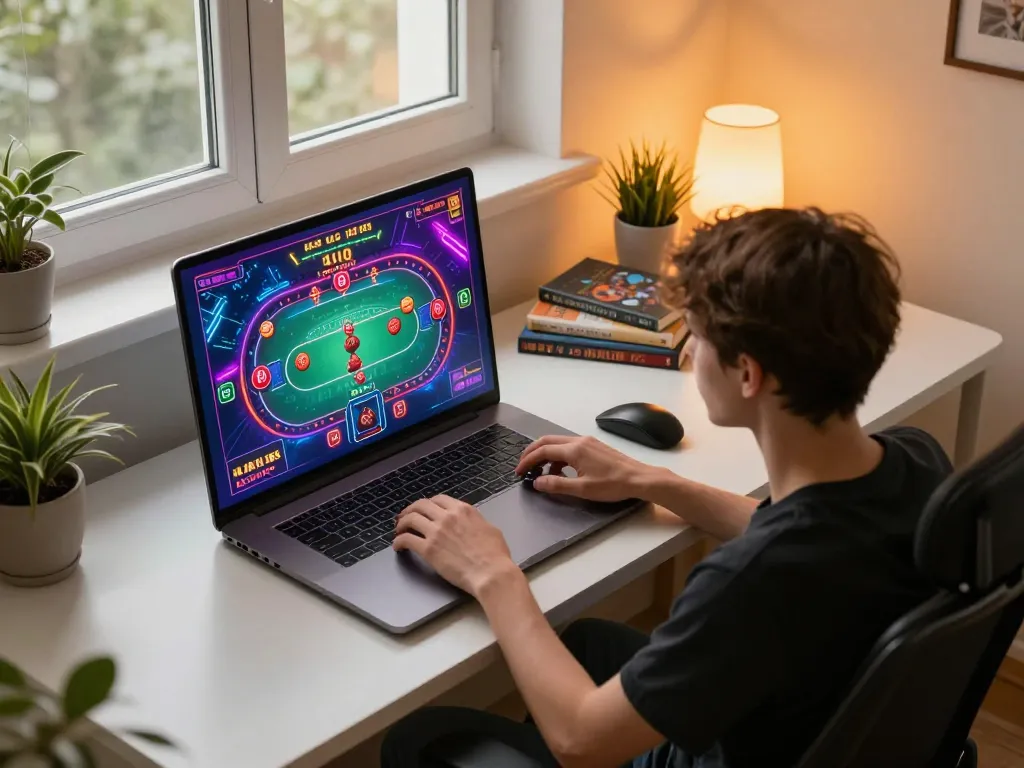Engaging in game bài đổi thưởng with live poker on a laptop in a cozy home setting