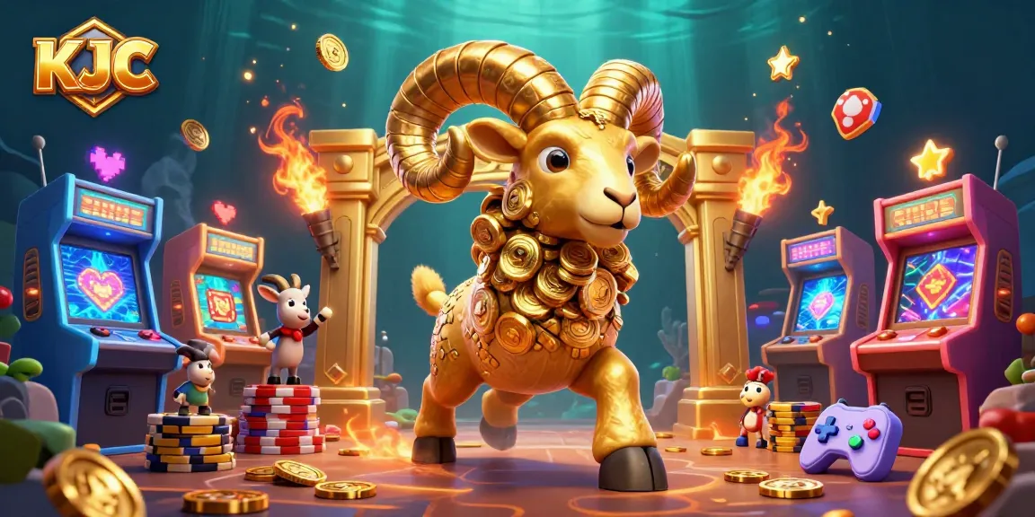 KJC showcases thrilling gaming action with a golden ram charging towards a golden gate amidst vibrant arcade elements.