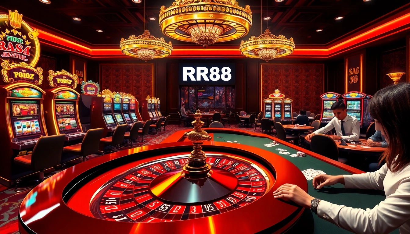 View of gamblers enjoying roulette and poker at RR88 online casino, showcasing luxury gaming atmosphere.