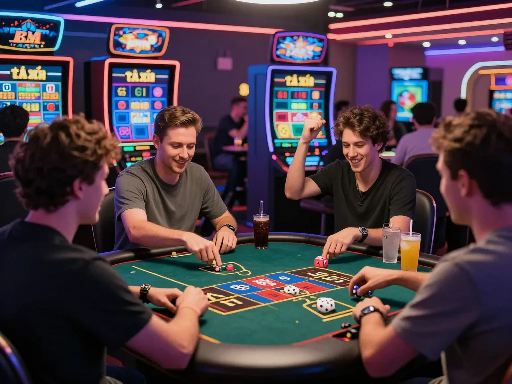 Players enjoying an exciting game of tài xỉu online in a vibrant casino atmosphere filled with neon lights and dynamic interactions.