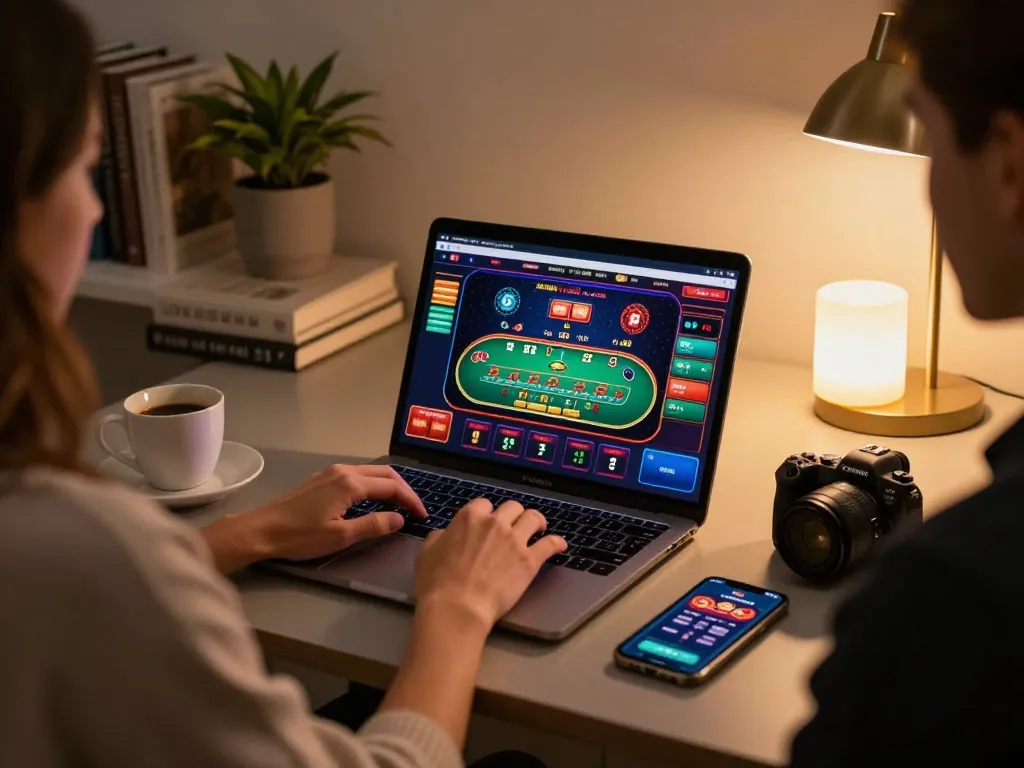 Good88 player engaging in live dealer baccarat online with cozy desk setup and warm lighting.