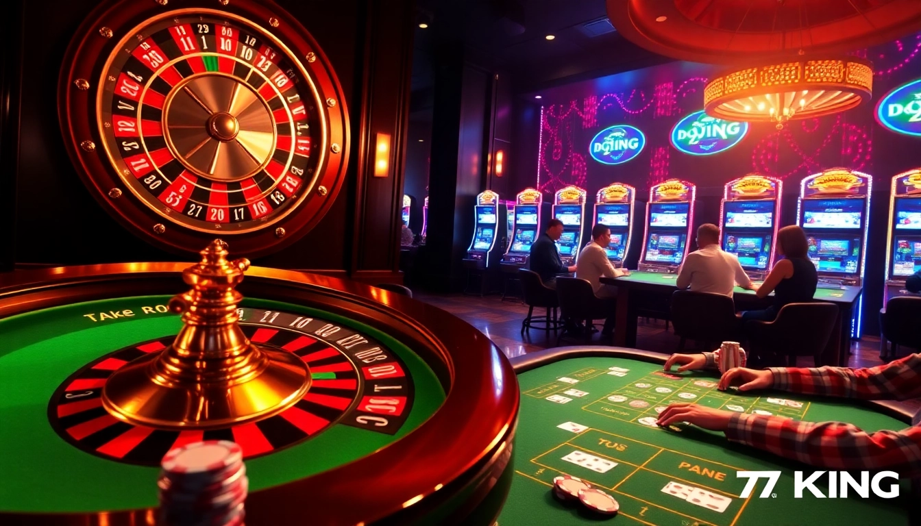 Exciting casino scene showcasing 79KING poker chips and roulette wheel in action.