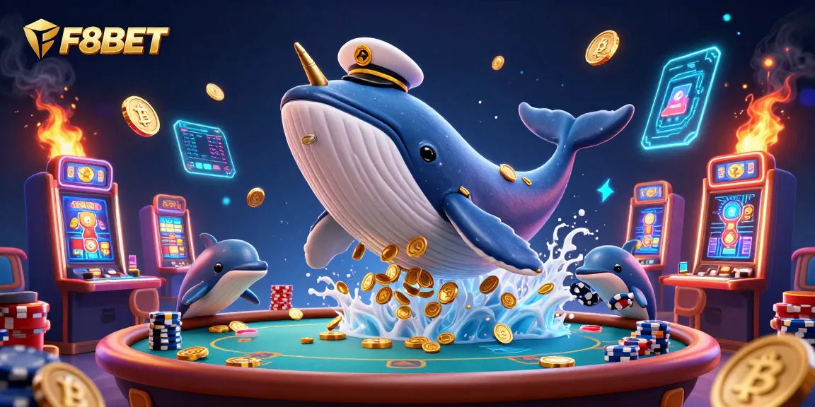 Join the excitement of F8BET with this vibrant scene filled with playful dolphins and a majestic whale in a casino.