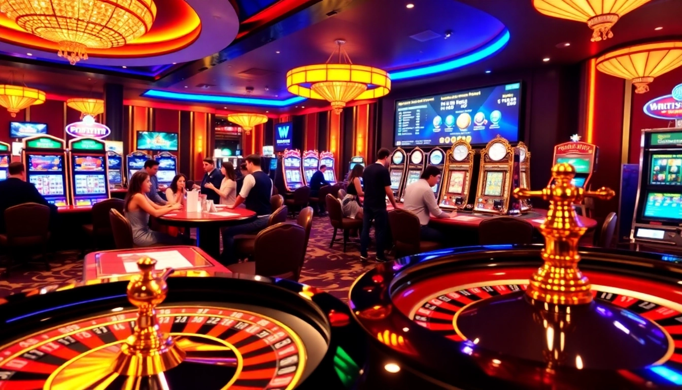 Engaging players at 789win casino tables showcasing betting excitement with poker chips and slot machines.