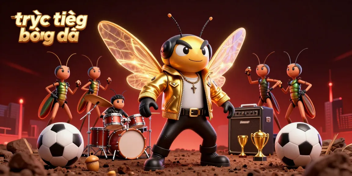 Betting on trực tiếp bóng đá with a vibrant 3D illustration of a cicada rock star and sports elements.