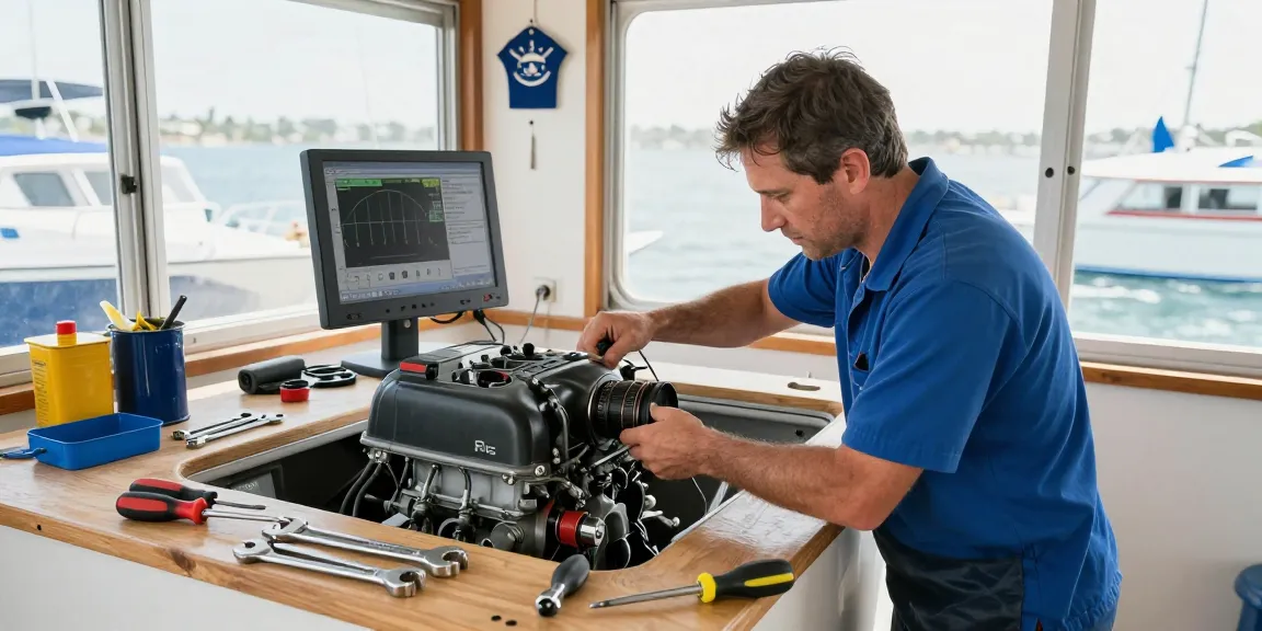 Boat engine repair scene showing a mechanic at work with tools and diagnostic screens.