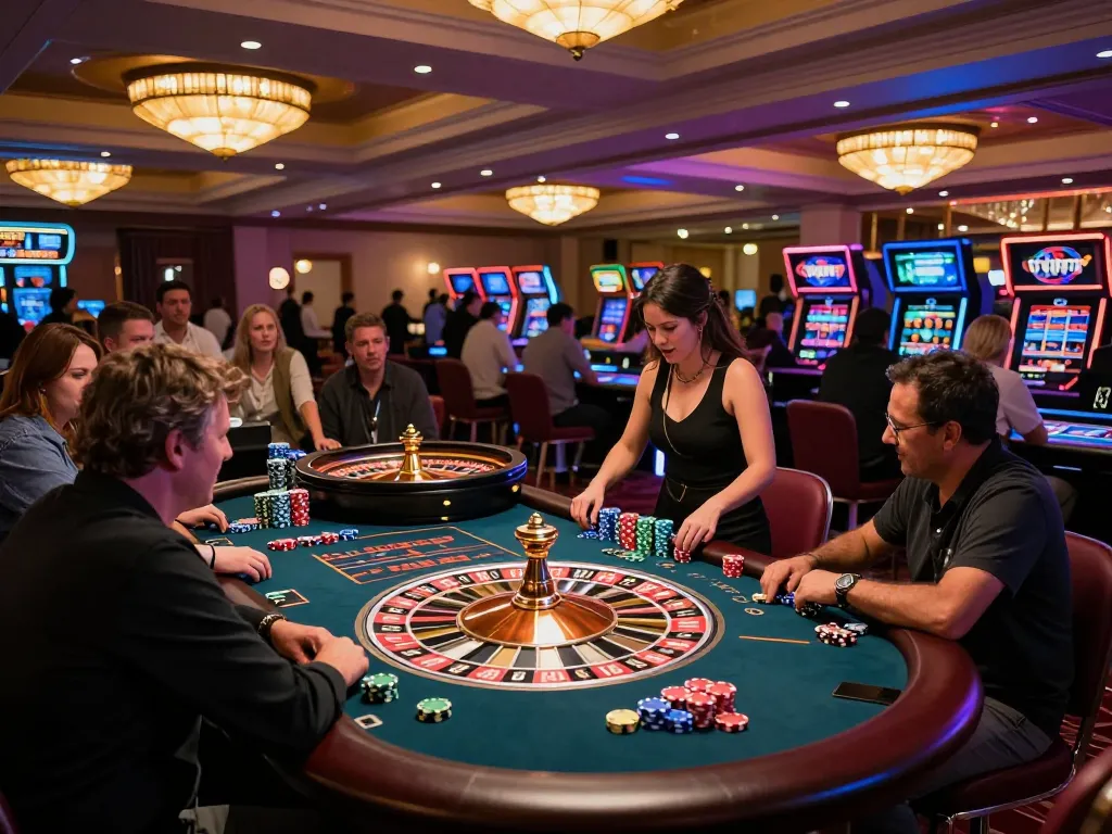 Experience excitement at hb88 with players engaged around roulette tables in a vibrant casino atmosphere.
