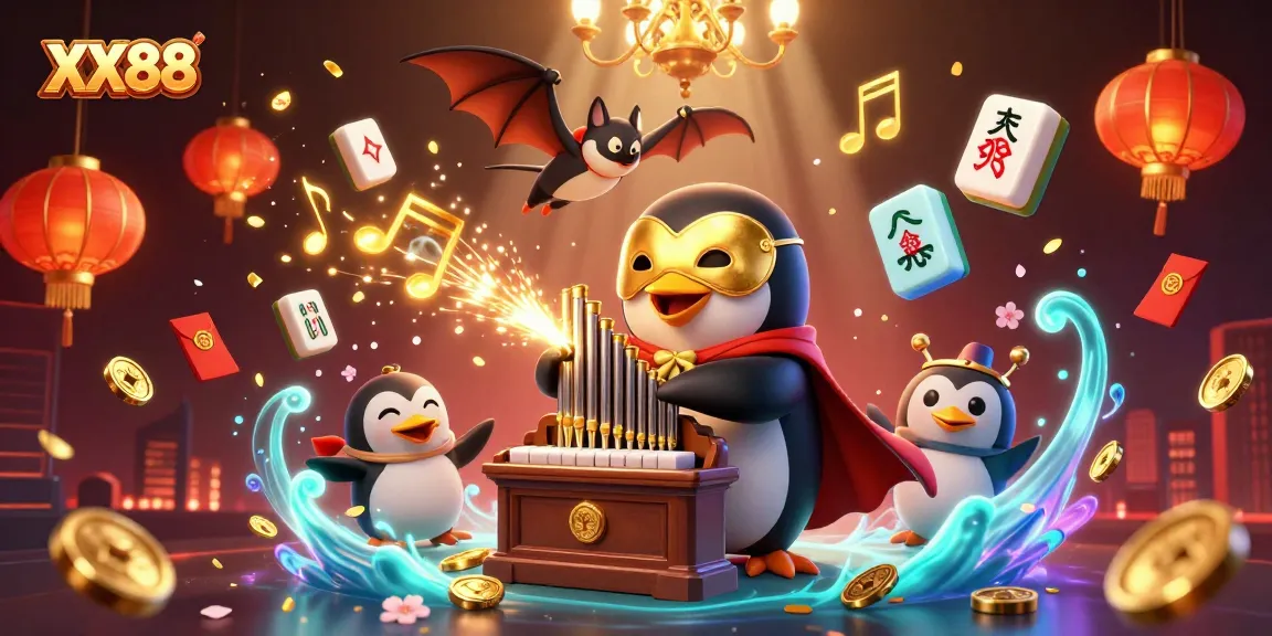 Engage with the vibrant XX88 casino scene featuring a whimsical penguin and dynamic game elements.