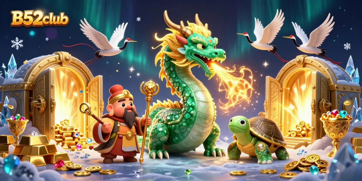 B52club showcases an emerald dragon and turtle sage in a vibrant casino treasure scene.