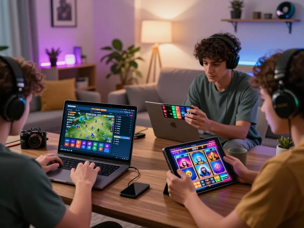 Exciting scene of players utilizing PG88 for online gaming activities in a modern living room.