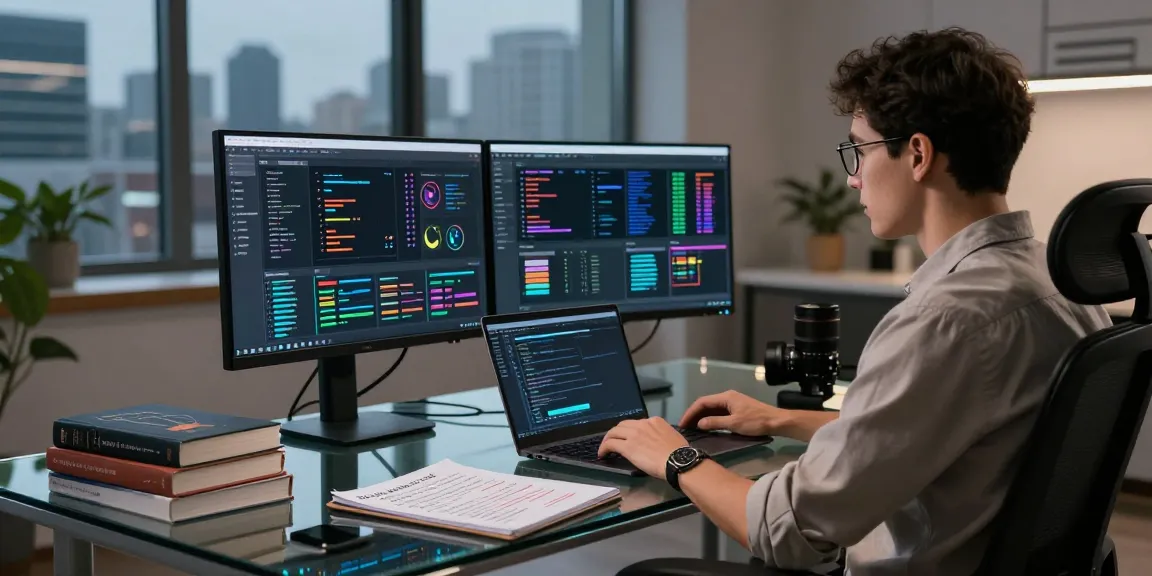 Engineer analyzing beta tools in a modern tech workspace with dual monitors and city views, showing focused work.