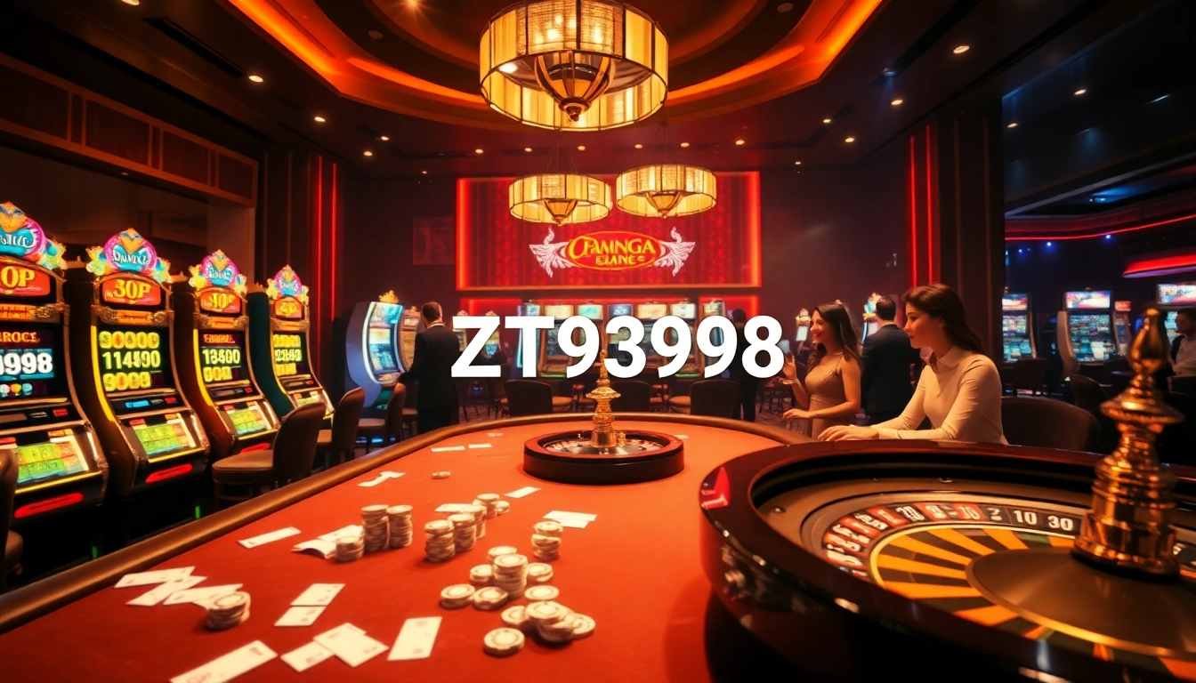Experience the thrilling ambiance of ZT9398 casino with high-stakes poker and vibrant slot machines.
