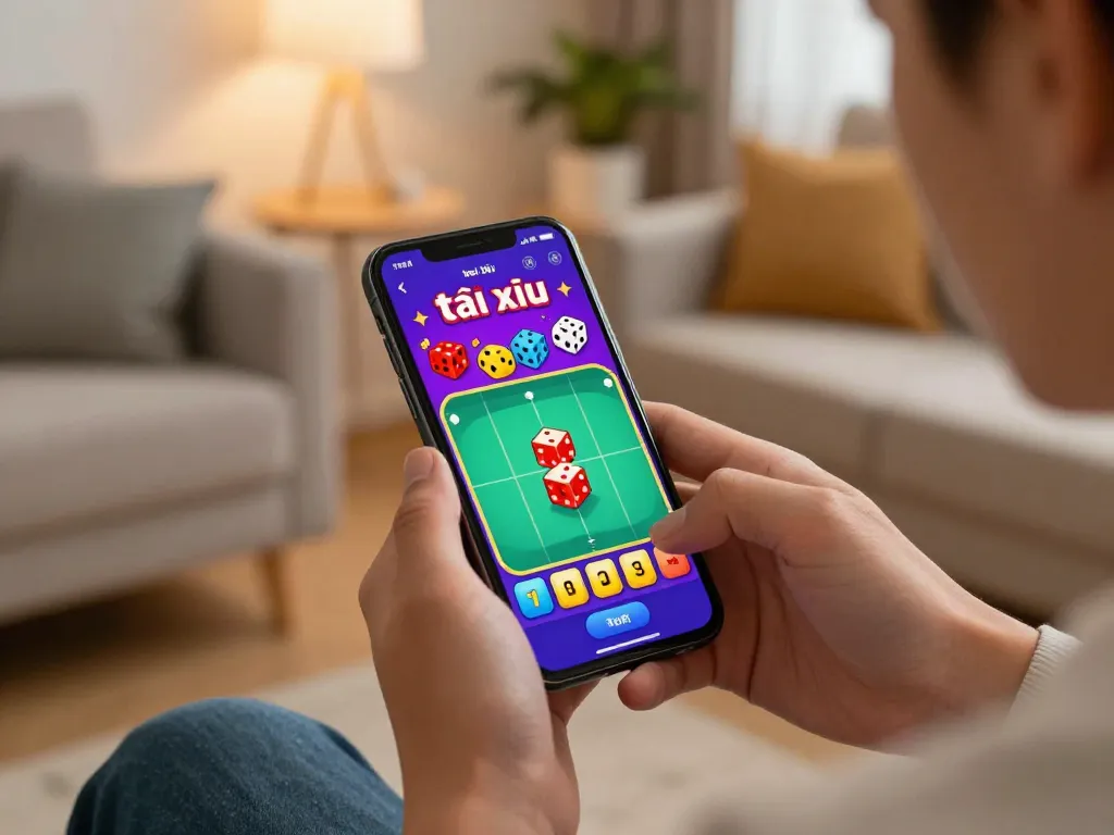 Engaging gameplay on the app tài xỉu in a cozy living room setting, showcasing excitement and strategy.