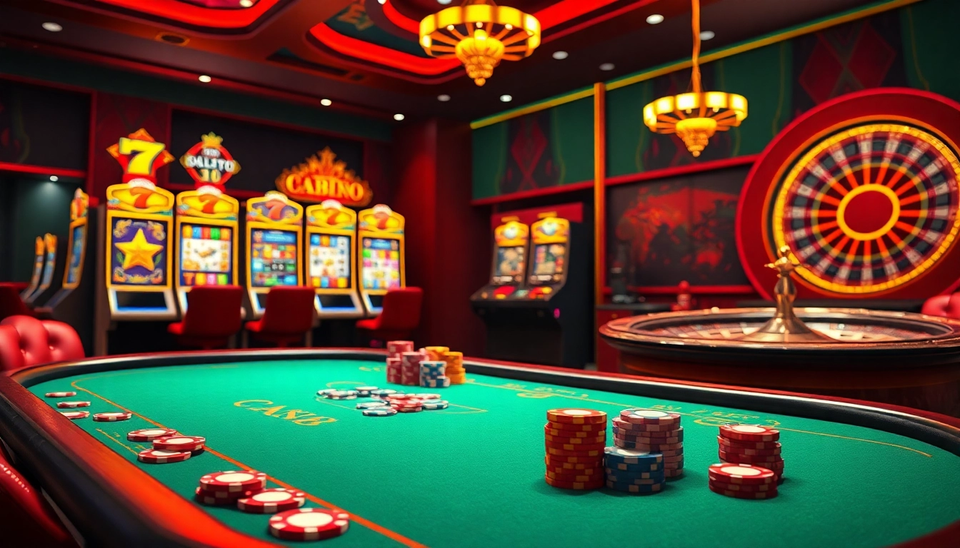 A vibrant gambling scene at https://nohu90vn2.com/ showcasing poker tables and advanced online gaming interfaces.