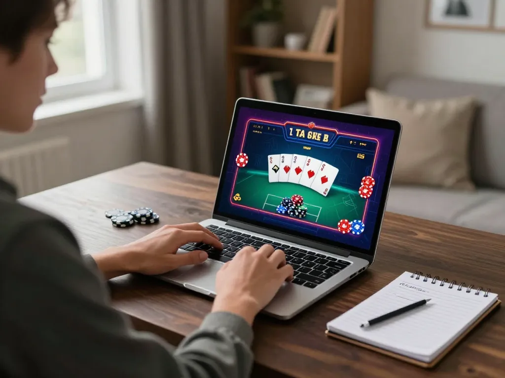 Player immerses in an online poker game at home using LV88, with cards and strategy notes in view.