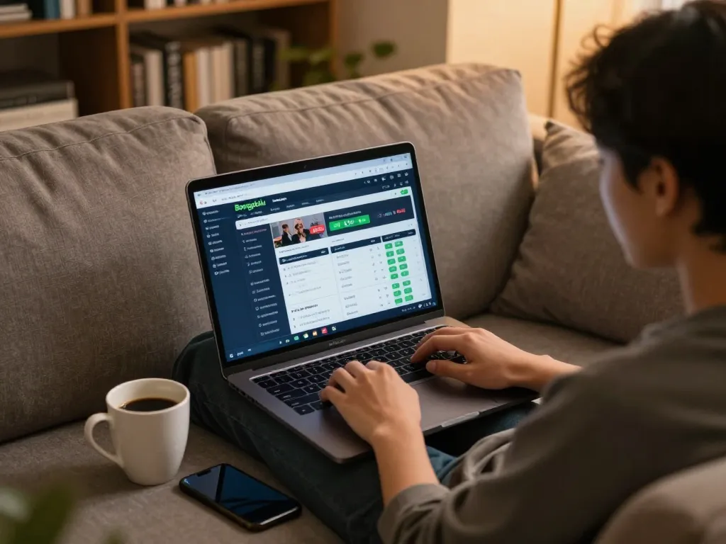 Bongdalu sports betting interface displayed on a laptop during a cozy home gaming session.