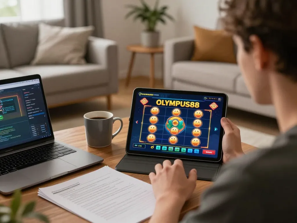 Engaging gameplay on OLYMPUS88 slot games viewed on a tablet in a cozy living room.