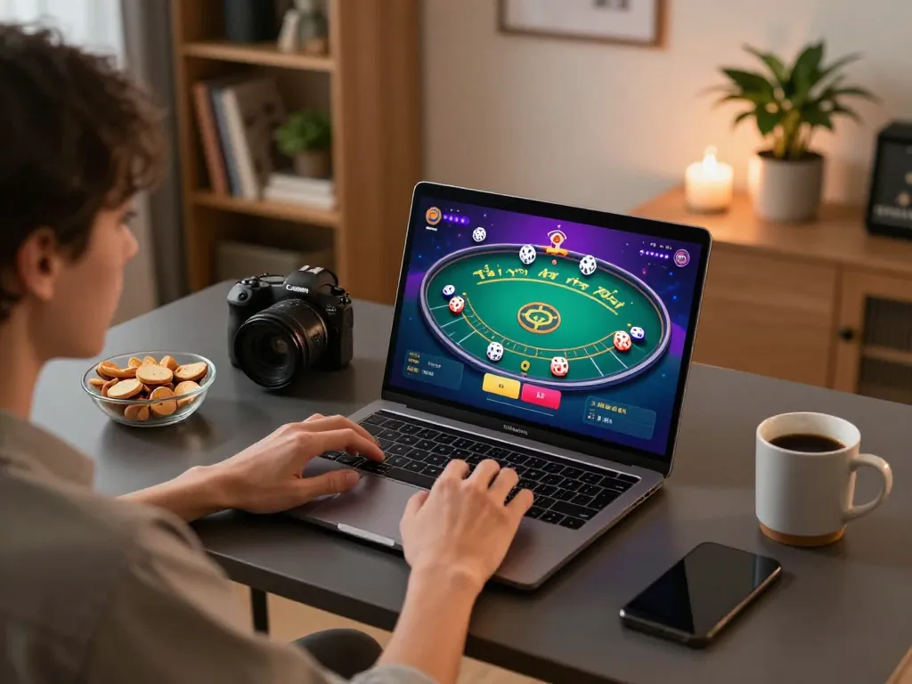 Tài xỉu online gameplay displayed on a laptop in a cozy home setting with snacks and coffee