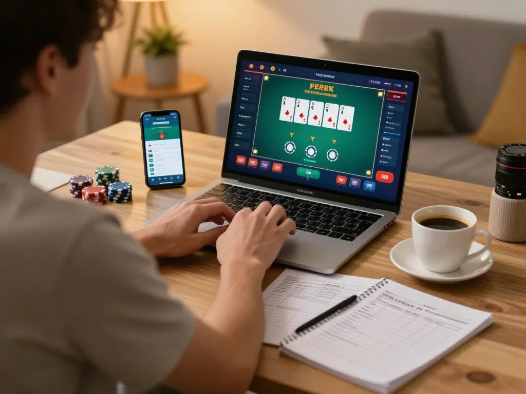 Engaging online poker gameplay with mb668 interface on laptop, emphasizing strategy and bankroll management.
