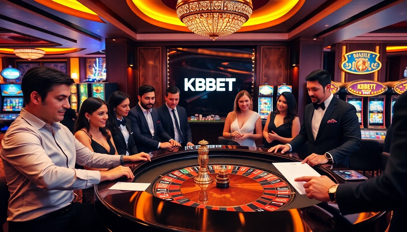 KBBET players intensely strategizing their bets at a glamorous casino roulette table.