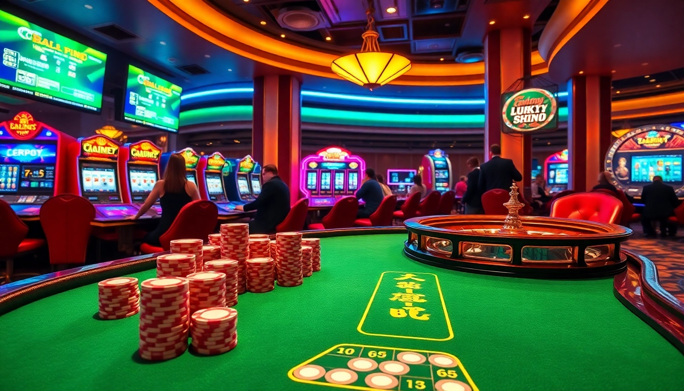 Experience the thrill of lucky88 with engaged players at a vibrant casino table surrounded by colorful slot machines.