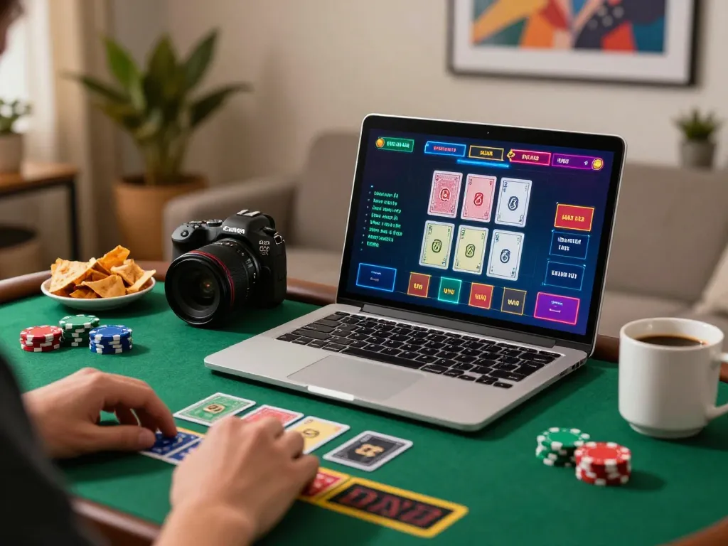 Engaging in live dealer blackjack on https://tx88.rent/ from a cozy home workspace with vibrant lighting.