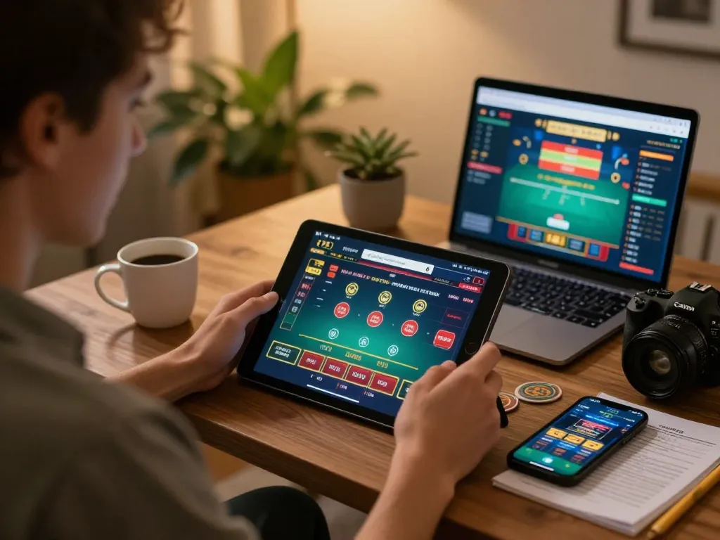 Engaging online gaming experience at https://mm88.fun/ with live dealer games on tablet in a cozy home setting.