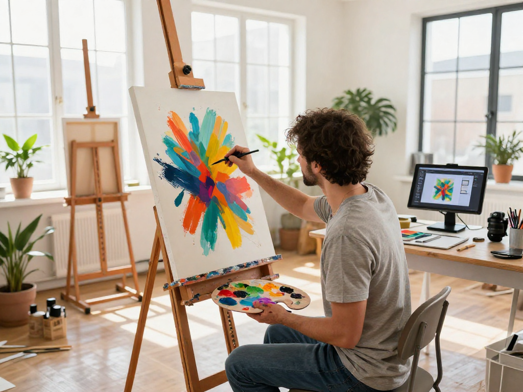 Artist expressing creativity with AI slut art techniques in a vibrant studio.