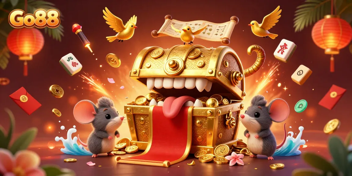 Engage with Go88's exciting treasure-themed gaming adventure featuring stacked riches and animated casino elements.