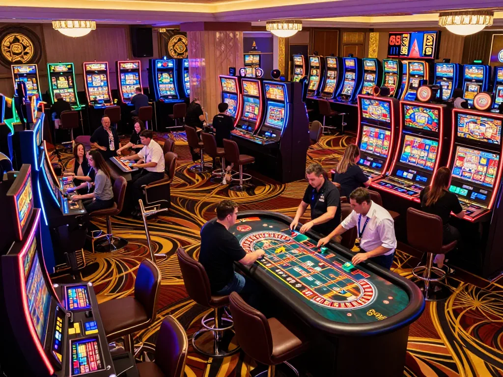 Players enjoying the excitement of cổng game đổi thưởng at an upscale casino with vibrant slot machines