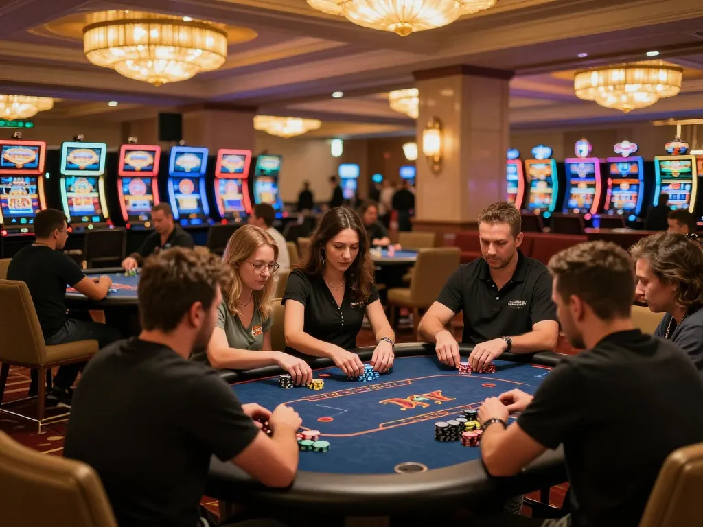 Players enjoy engaging poker games at hitclub's upscale casino floor filled with excitement.